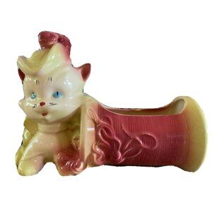 Vintage Hull Pottery, Cat with Fancy Feather Hat Puss in Boots Planter, Vessel